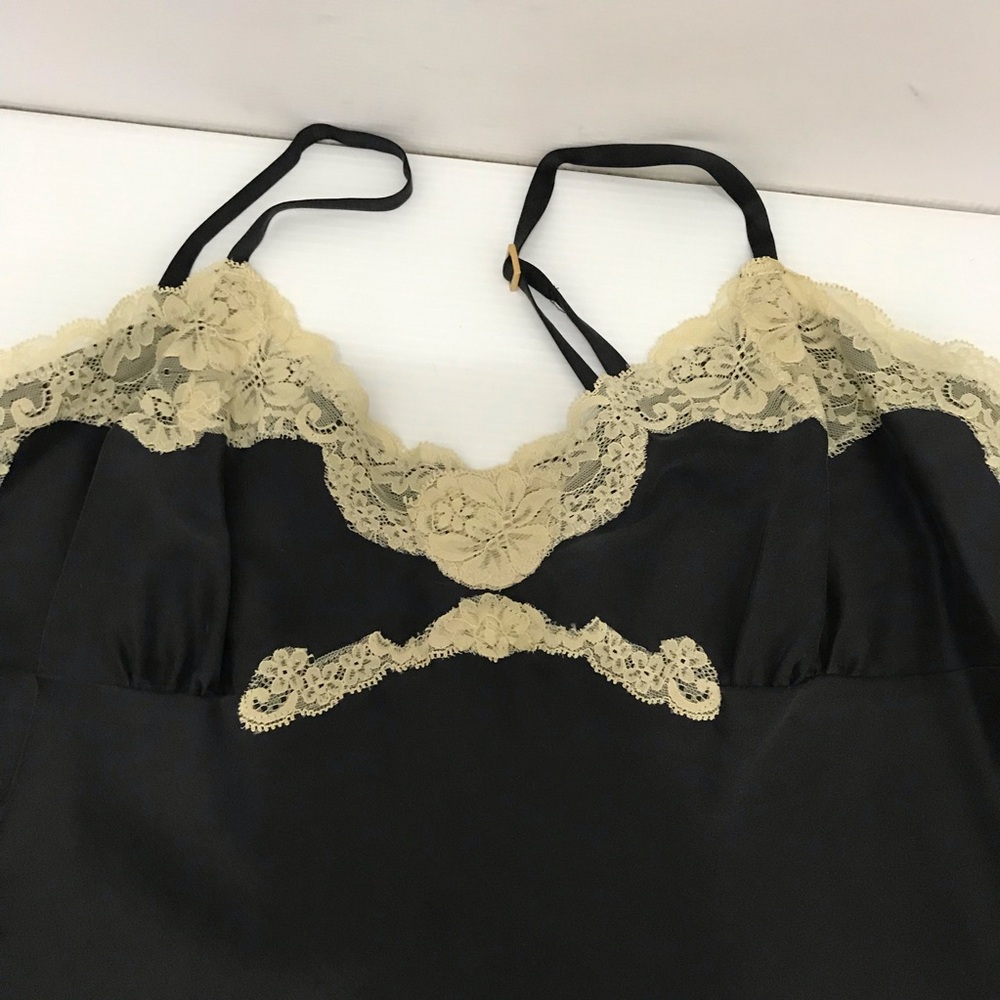 Silk Express Design Studio black satin spaghetti strap tank top beige lace L - Picture 2 of 7